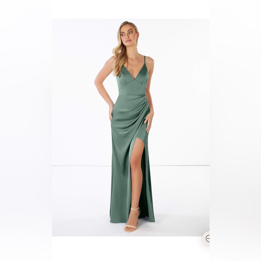 Azazie Shania satin eucalyptus bridesmaid dress